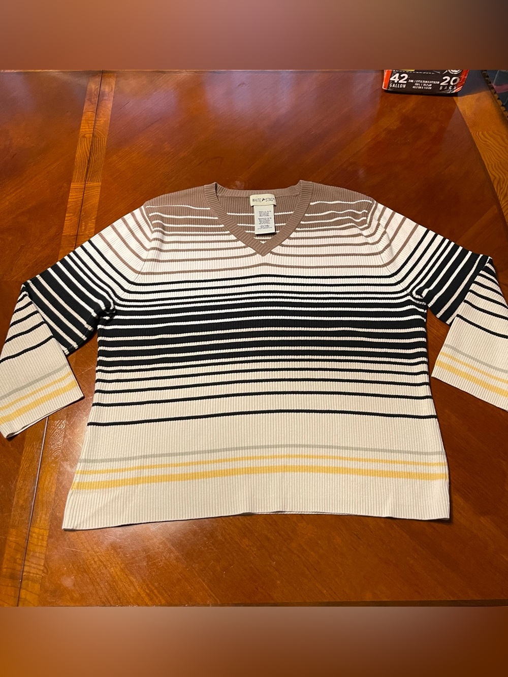 Vintage Striped V-Neck Women’s Sweater in Beige, Black & Yellow - White Stag
